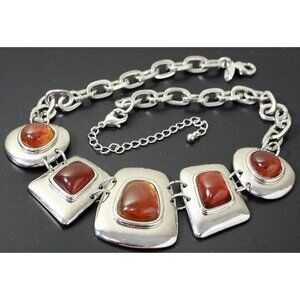 Lia Sophia Kiam Family Faux Amber Cabochon 16-19" Choker Necklace Silver Chain